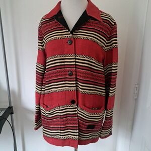Ralph‎ Lauren Southwestern Stripe Button Front Jacket Cardigan Women M Red Black